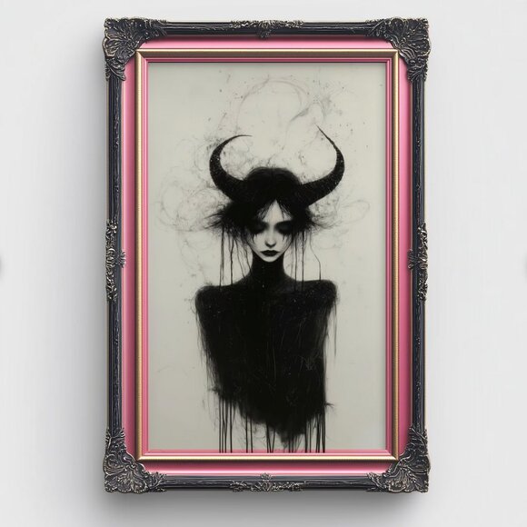 Original Girl With Horns Art Print + Digital Copy, Paint Drip Sketch - Picture 3 of 8